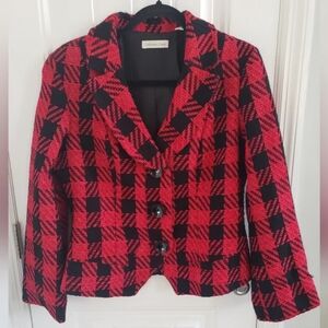 VintageColdwater Creek Blazer Red Black Checked Lined Button Front Jacket sz 14
